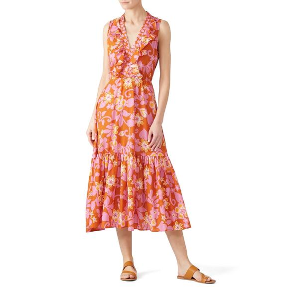 Warm Sierra Midi Dress Women's Size 3 Pink Orange Floral Ruffle Sleeveless RTR - Picture 1 of 14